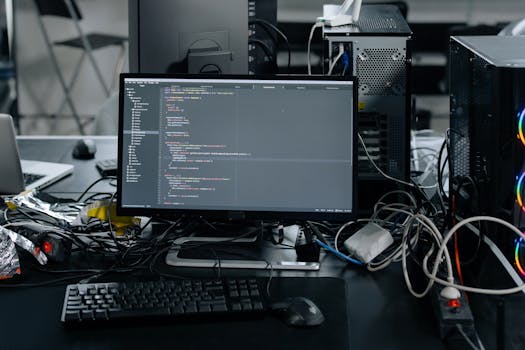 A cluttered workstation in an office featuring a monitor displaying code, surrounded by a keyboard, mouse, and wiring.