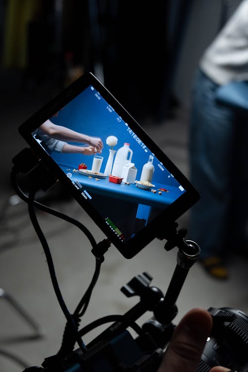 Screen of a Camera Filming an Almond Milk Advertisement