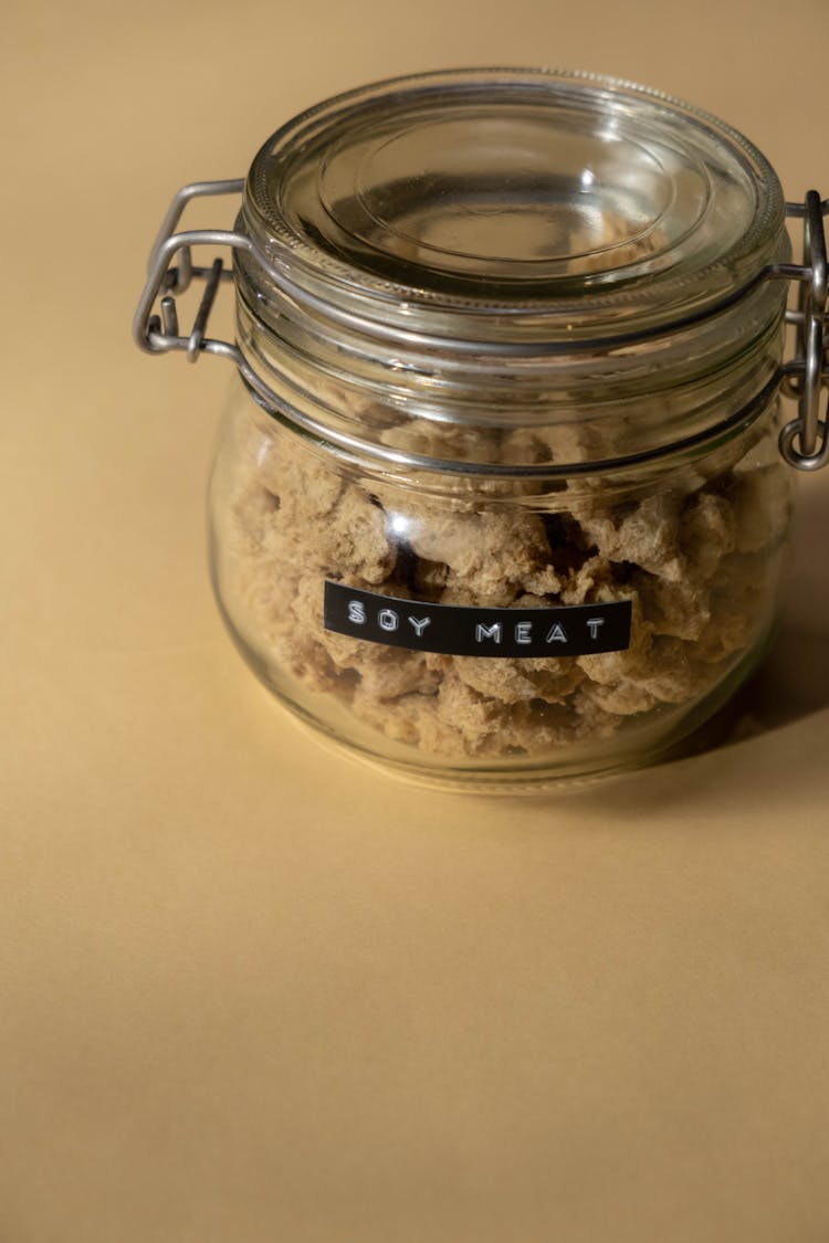 Close-Up Shot Of A Jar Of Soy Meat