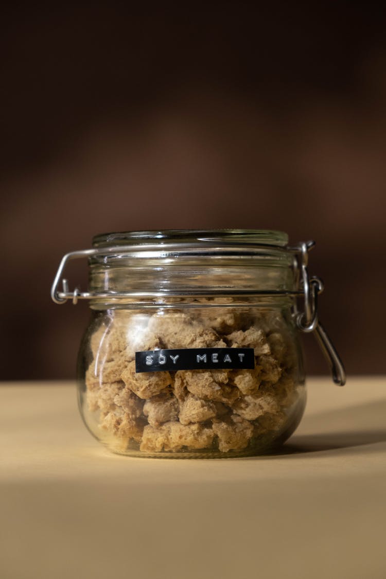 Close-Up Shot Of A Jar Of Soy Meat