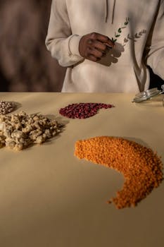 A variety of grains and beans artfully arranged with human interaction in a warm setting.