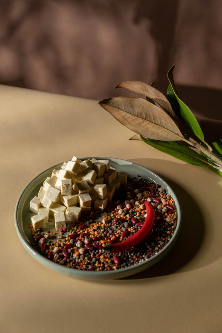 Soya Beans And Spices With Red Pepper On Ceramic Bowl