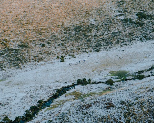 Group of tourists walking on snowy hilly terrain