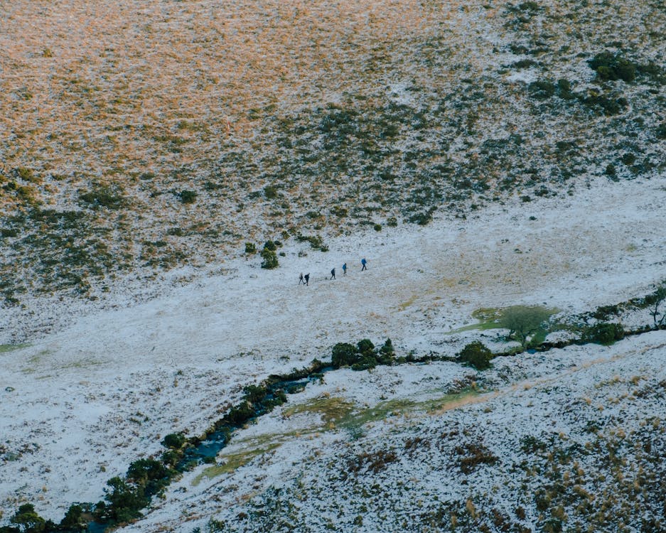 Group of tourists walking on snowy hilly terrain