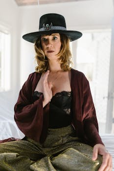 A woman in elegant indoor setting strikes a thoughtful pose, wearing a wide-brim hat and fashionable outfit.