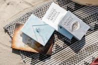 Animal spirit guidebooks placed on a patterned beach blanket in sunlight.