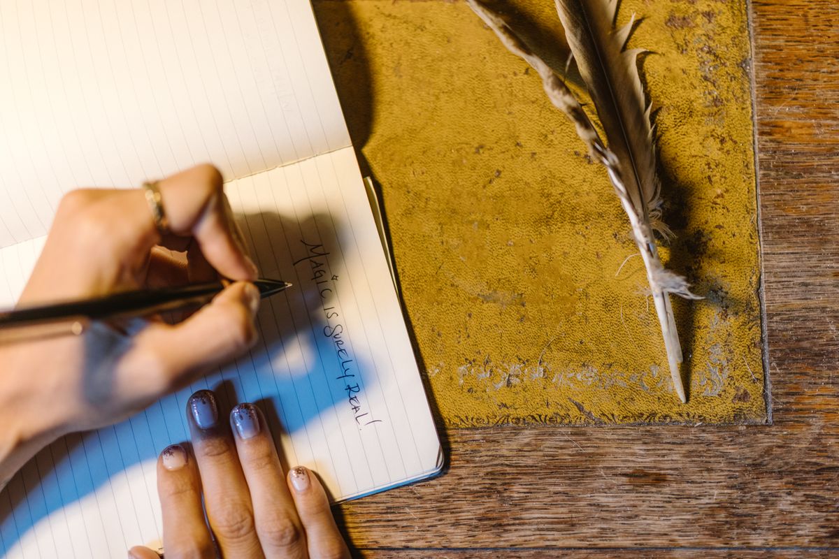Person writing in a paper journal notebook.