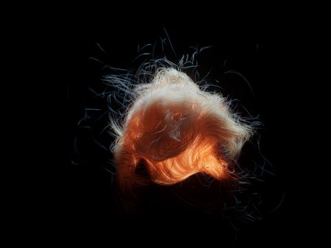 Surreal glowing light form with dynamic fibers, creating an abstract art piece.