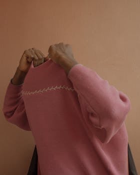 An individual in a pink sweater adjusts the garment, blending into a warm neutral background.