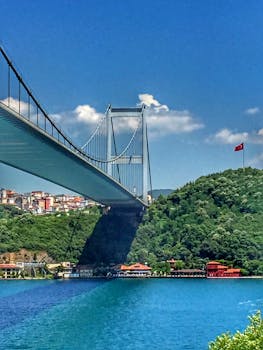 伊斯坦布尔的城市景观与博斯普鲁斯海峡上现代悬索桥的美丽景色相映成趣
