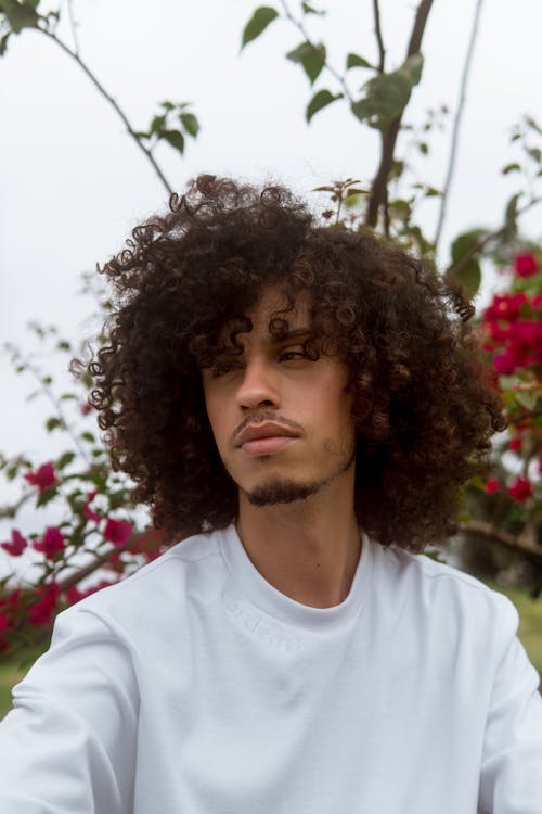 Free Portrait of a Handsome Man with Curly Hair Wearing a White Crew Neck Shirt Stock Photo
