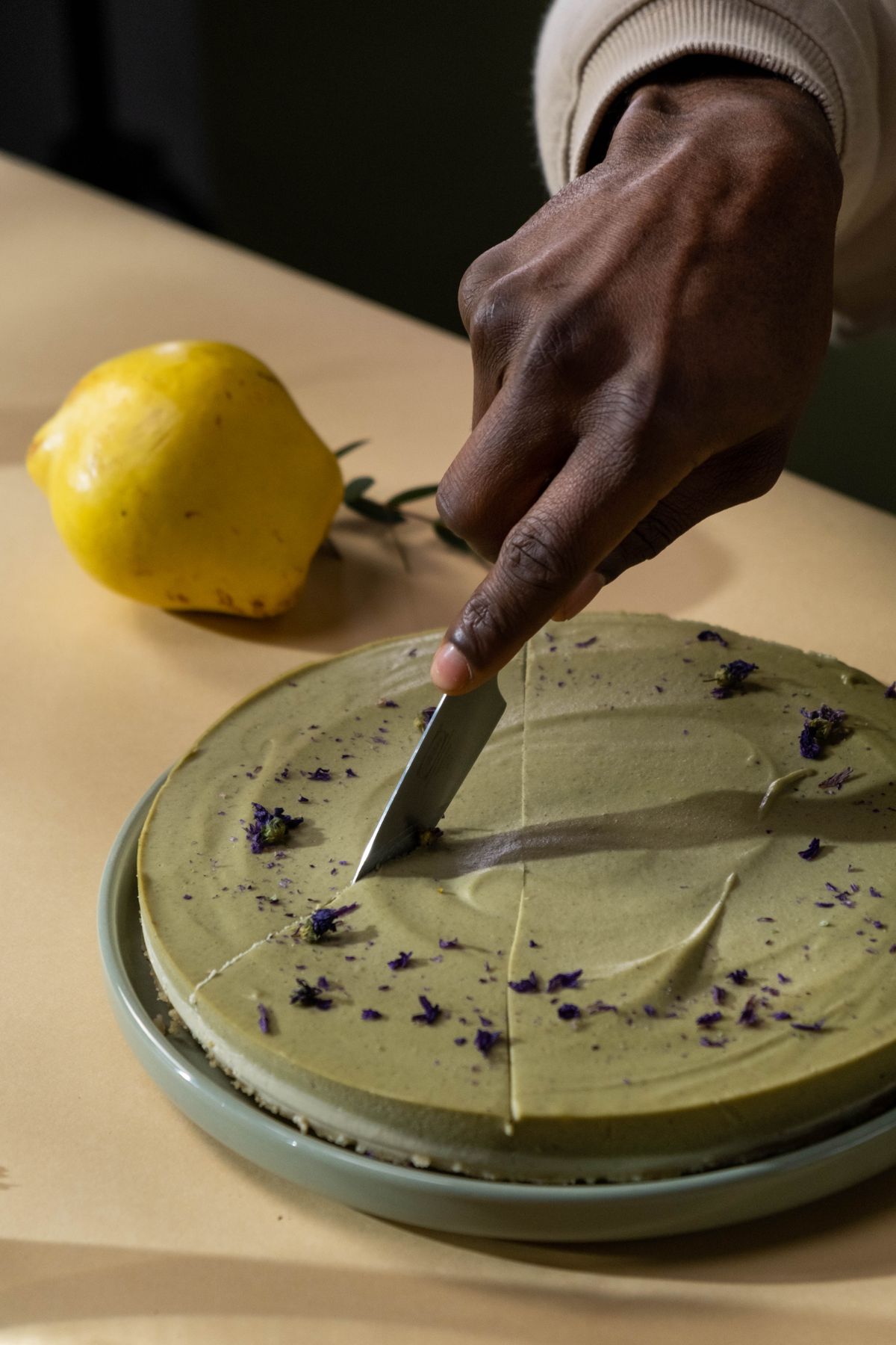Vegan dairy-free cake being sliced