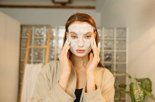 Woman applying a cosmetic face mask for skincare relaxation indoors. Ideal for beauty and wellness concepts.