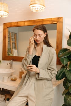 Young woman applying skincare product in tranquil bathroom setting.