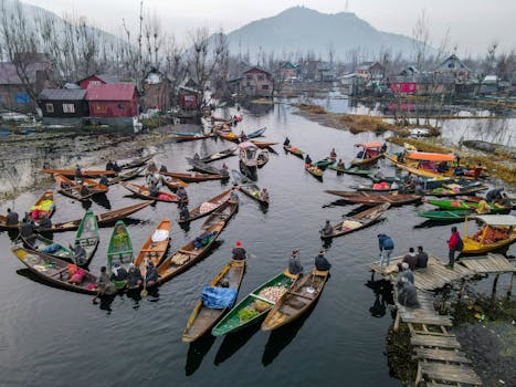 A vibrant scene of a busy floating market on a river with merchants in traditional wooden boats.