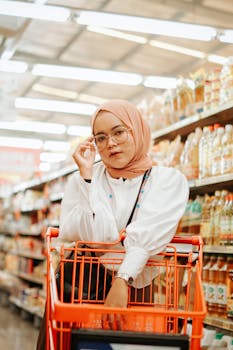 Portrait of a woman with a shopping cart in an Indonesian supermarket aisle.