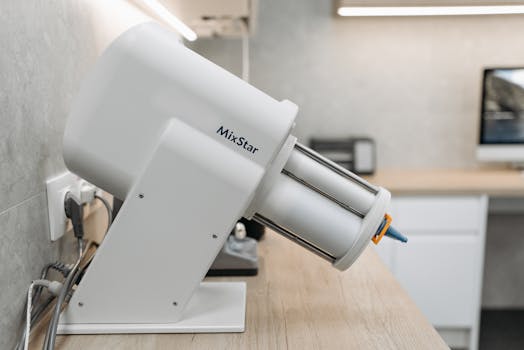 Close-up of a modern MixStar dental mixing machine in a clinical setting, highlighting healthcare technology.