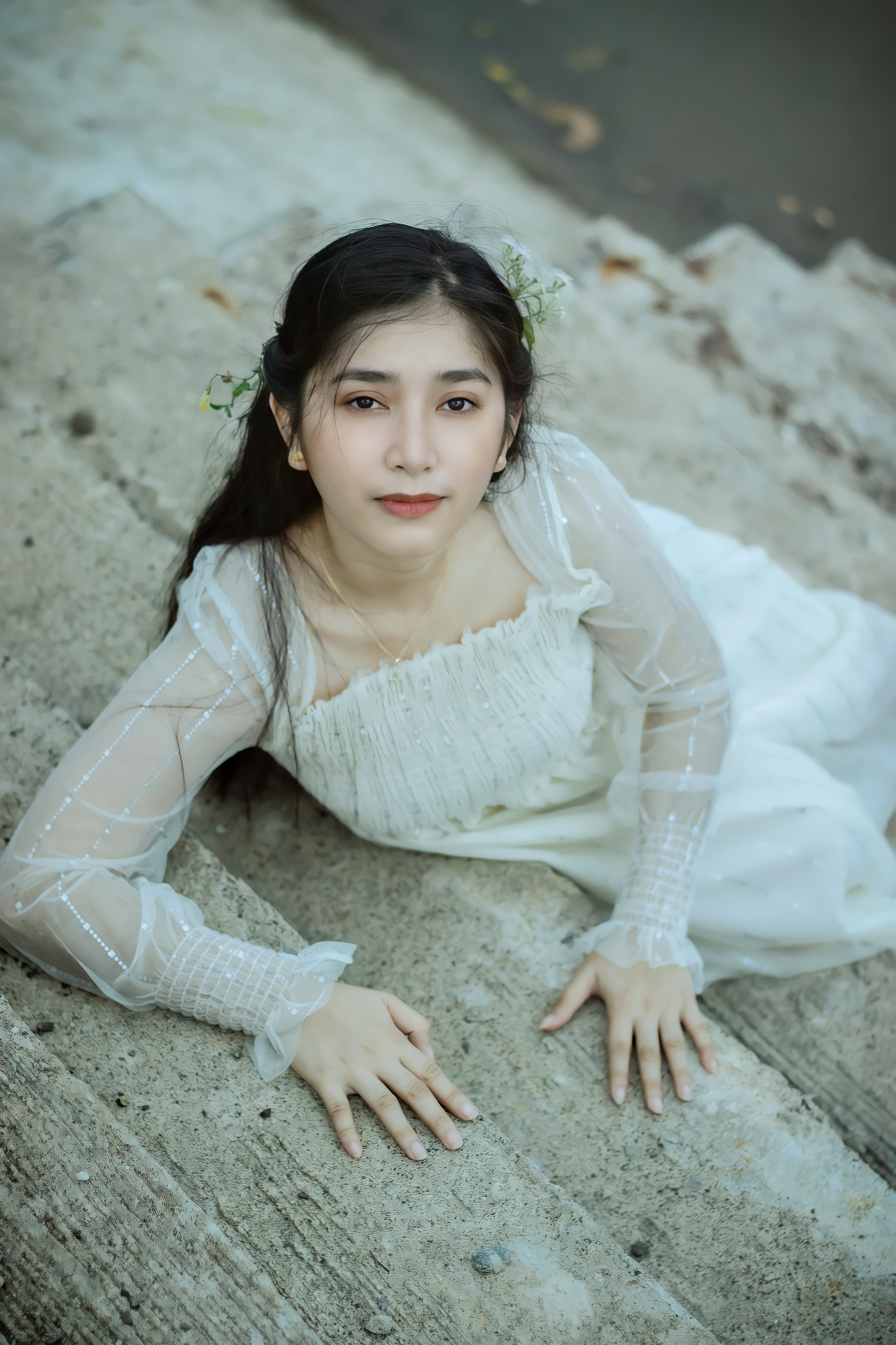 Woman in White Dress Sitting on Stairs · Free Stock Photo