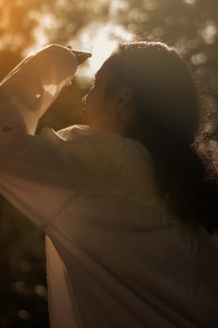 A woman in a white shirt gazing into the warm glow of a sunlit forest during the day.