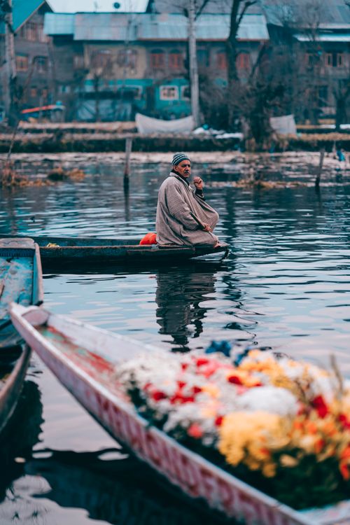 Free A lone boatman navigates a traditional wooden boat on a tranquil Indian lake, surrounded by vibrant flowers. Stock Photo