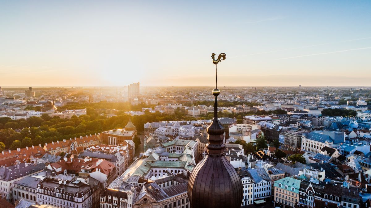 Panoramic view of Riga Old Town, the linguistic and economic heart of Latvia