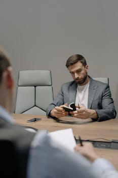 Professional meeting in office with two men, one taking notes.
