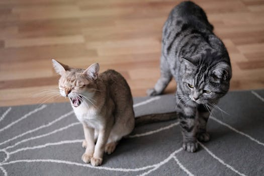 Two domestic cats on a patterned carpet indoors, one yawning, the other walking.