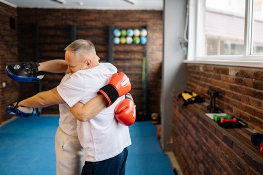 Two senior men share an embrace with boxing gloves in a gym setting.
