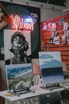 Creative art studio featuring colorful canvas paintings and a vibrant neon sign, perfect for inspiration.