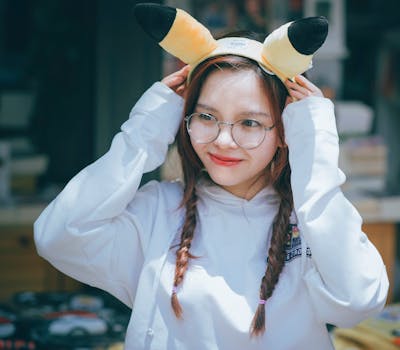 白天，一位年轻女子穿着可爱的服装，戴着皮卡丘耳朵在户外开心地玩耍