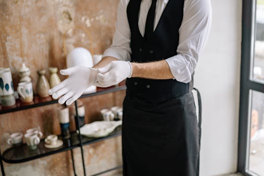 Elegant waiter dressing up indoors, putting on white gloves before service.