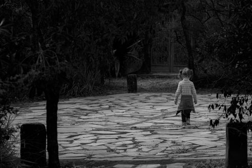 Free A child with a ponytail walks alone on a stone path surrounded by trees, captured in monochrome. Stock Photo