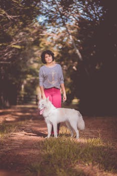 一个晴朗的夏日，一个女人在公园里遛她毛茸茸的白狗，周围绿树环绕
