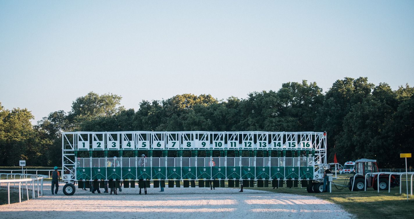 Stalles de départ vides alignées sur un hippodrome, prêtes pour le départ d'une course