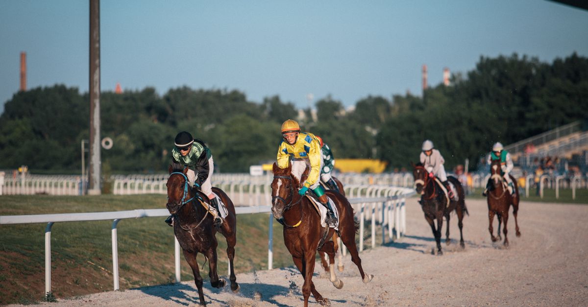 Dynamic action shot of a horse race in Budapest showcasing speed and competition.