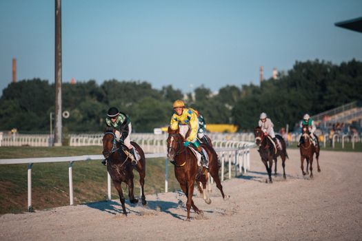 Dynamic action shot of a horse race in Budapest showcasing speed and competition.