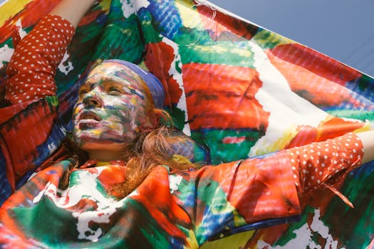 Woman With Face Paint Raising Her Hands Holding Textile