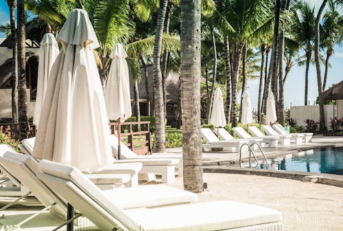 Free Sun Loungers at the Poolside of a Beach Resort Stock Photo