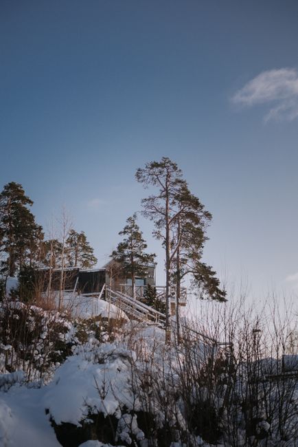Snow-covered cabin in Tyresö, Sweden surrounded by pine trees under a clear winter sky.