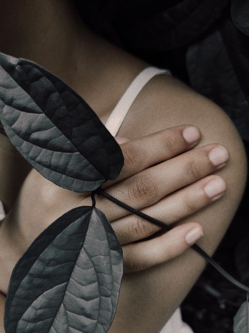 A hand gently touches green leaves in a close-up, evoking a nature connection.