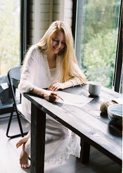 Full body of happy young female with long blond hair in stylish white dress smiling while sitting at table in cozy house and writing letter