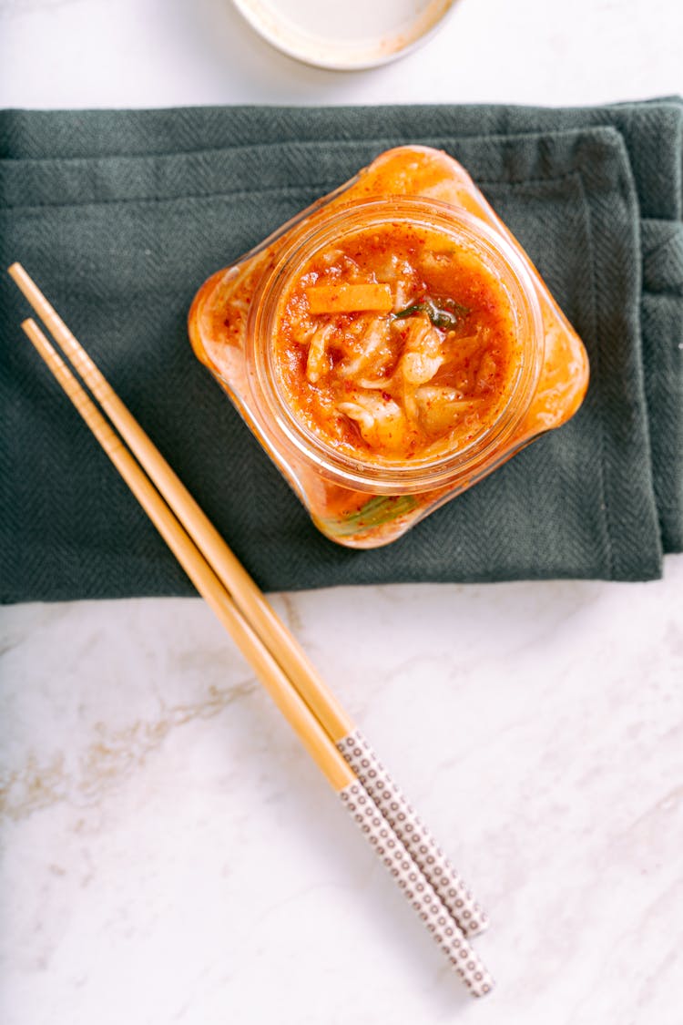 Top View Of Kimchi In A Glass Jar 