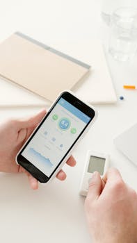 Close-up of hands using a smartphone app to monitor glucose levels with a digital glucometer on a table.