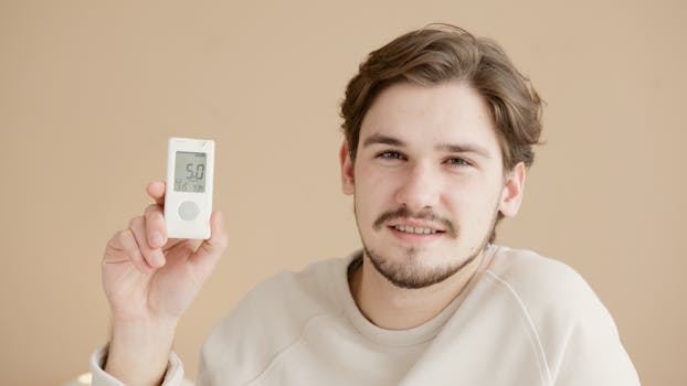 A smiling man holds a glucometer against a beige background, highlighting health awareness.