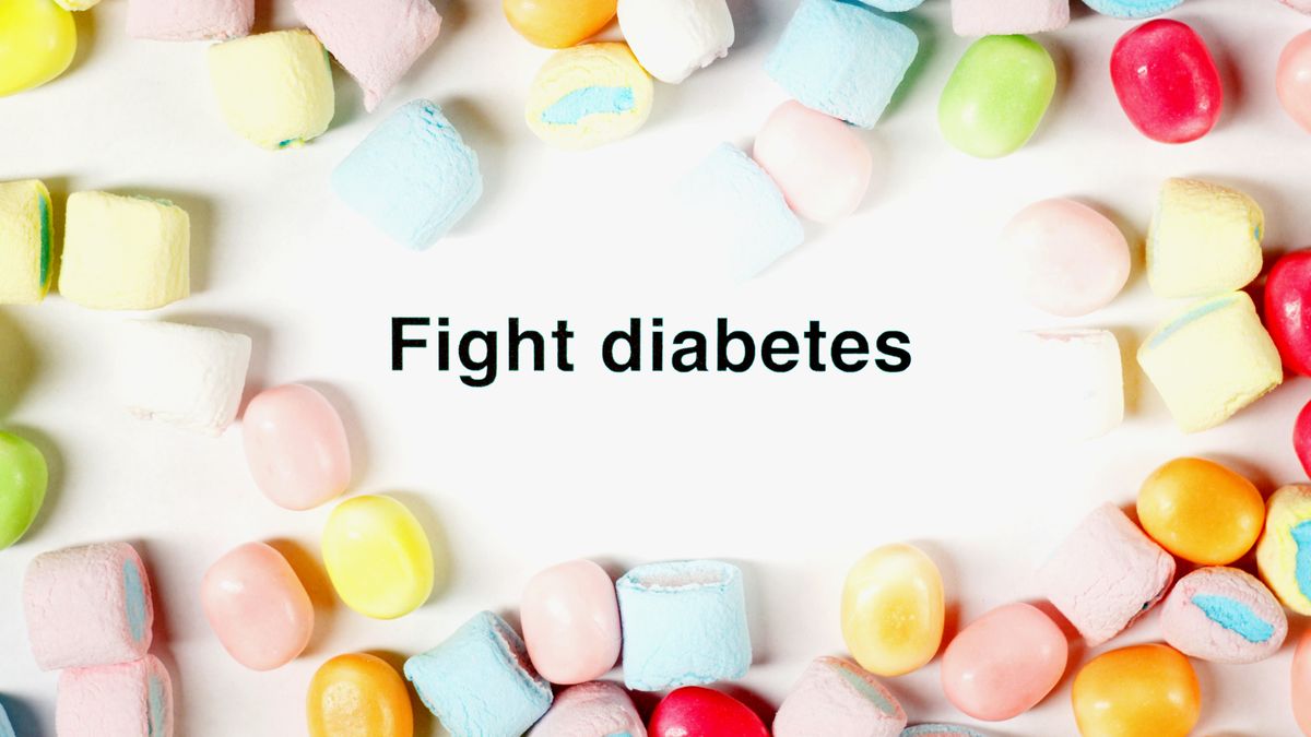 A border of colorful candies surrounds the message 'Fight diabetes' on a white background.