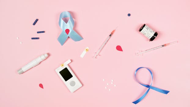 A flat lay image showcasing diabetes awareness items including insulin supplies and a blue ribbon on a pink background.