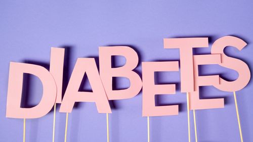 Free Creative conceptual image of diabetes awareness with pink letters on purple background. Stock Photo