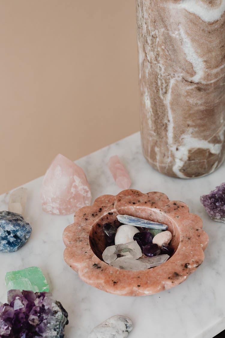 Crystals Over A Marble Top Table