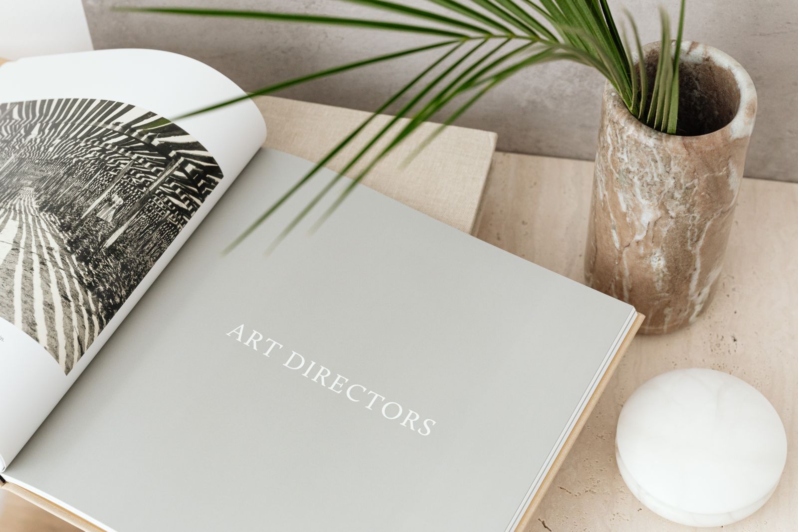 Open art books arranged beside a stone vase and palm leaf