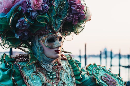Intricate Venetian masquerade costume and mask with floral headdress at the Venice Carnival.